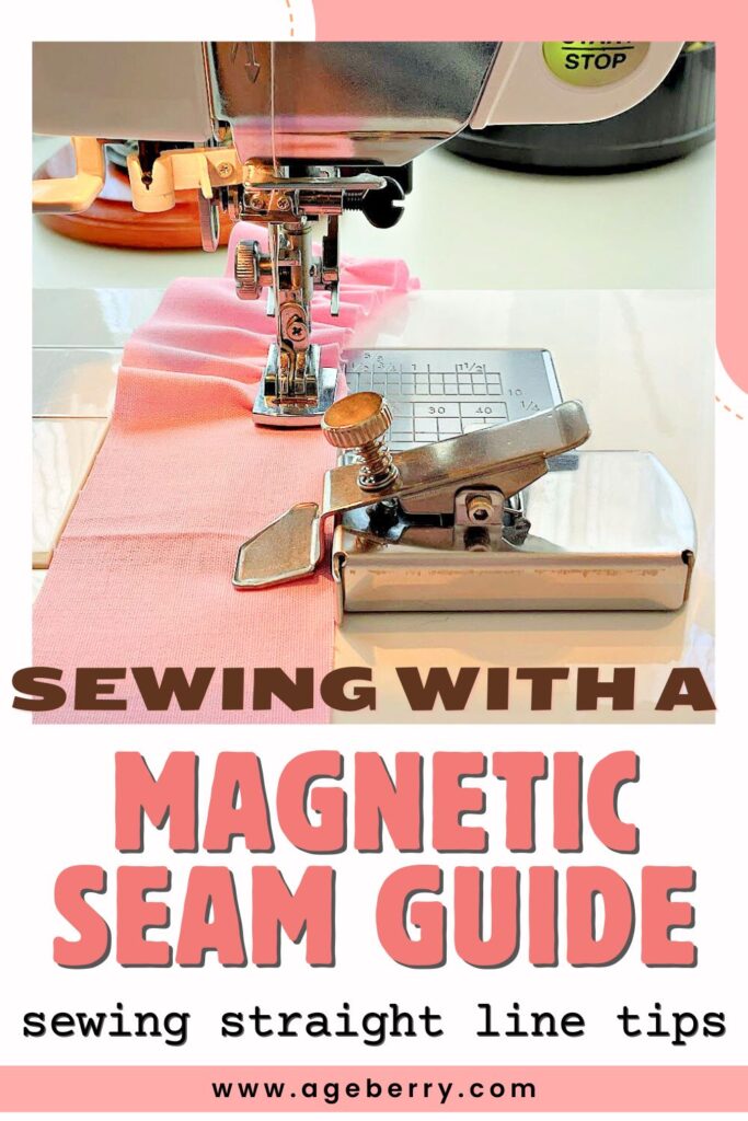 Close-up of a sewing machine using a magnetic seam guide while stitching pink fabric with gathers. Text overlay reads “Sewing with a Magnetic Seam Guide – Sewing Straight Line Tips.”
