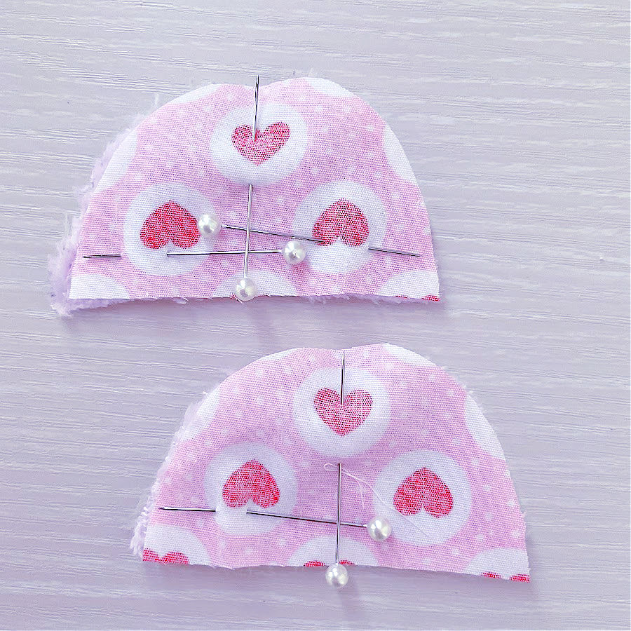 ear pieces for memory bear pinned together ready for stitching