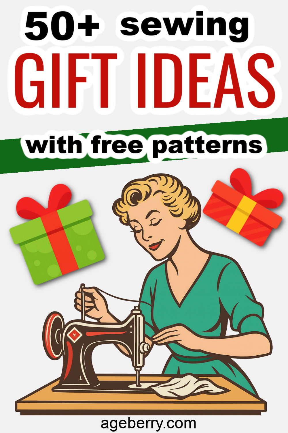 50+ sewing gift ideas with free patterns. A vintage-style illustration of a woman sewing on a machine, surrounded by colorful wrapped gift boxes. Perfect for DIY sewing gifts, fabric gifts to make, and simple gifts to sew.