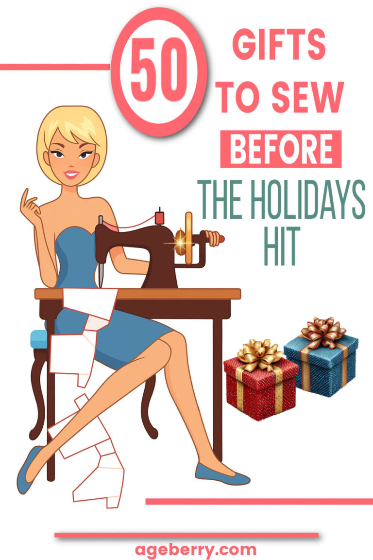 50 gifts to sew before the holidays hit. A playful illustration of a woman in a blue dress using a sewing machine, with wrapped presents nearby. Includes ideas for quick sewing gifts, DIY Christmas gifts, and fabric gifts to make.