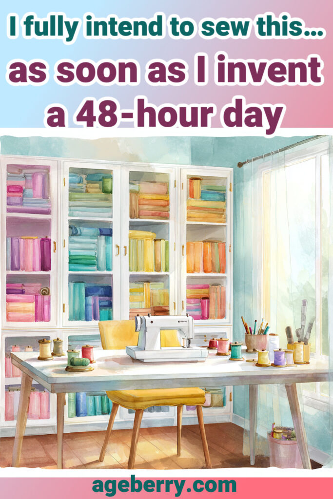 Illustration of a bright sewing room with a white sewing machine on a table, surrounded by rainbow-colored fabric neatly stacked on shelves, with text overlay saying, "I fully intend to sew this… as soon as I invent a 48-hour day."