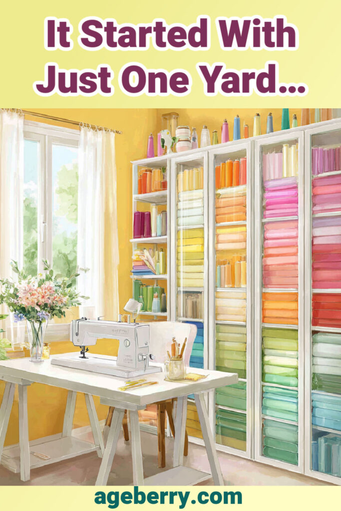 a stylized sewing room image showing a sewing machine on a table with a storage unit in the background full of fabric . the text "it started with just one yard" above the image