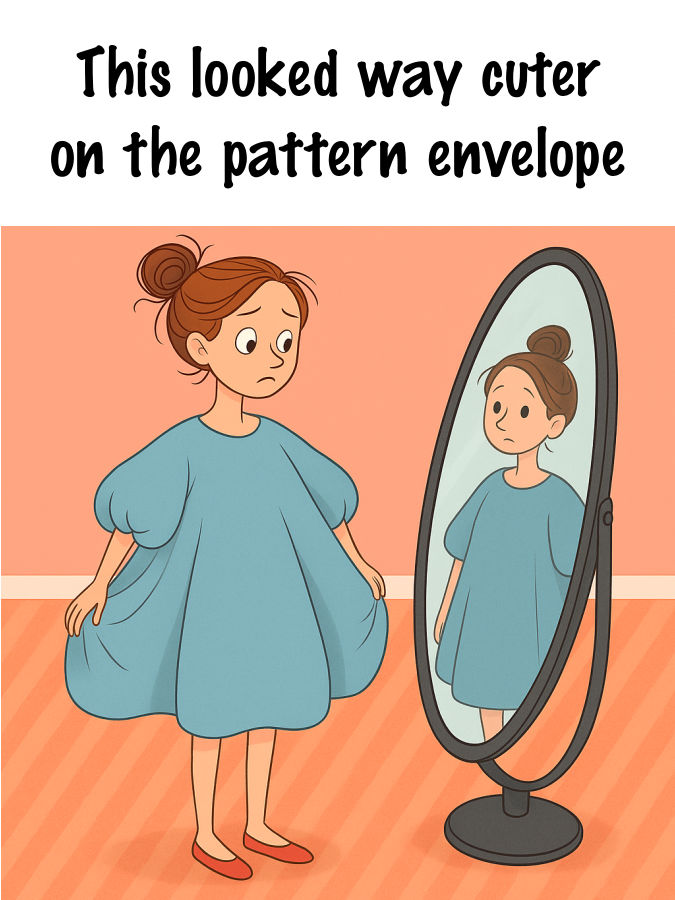 funny cartoon image showing a bewildered woman looking in the mirror with the text "this looked way cuter on the pattern envelope"
