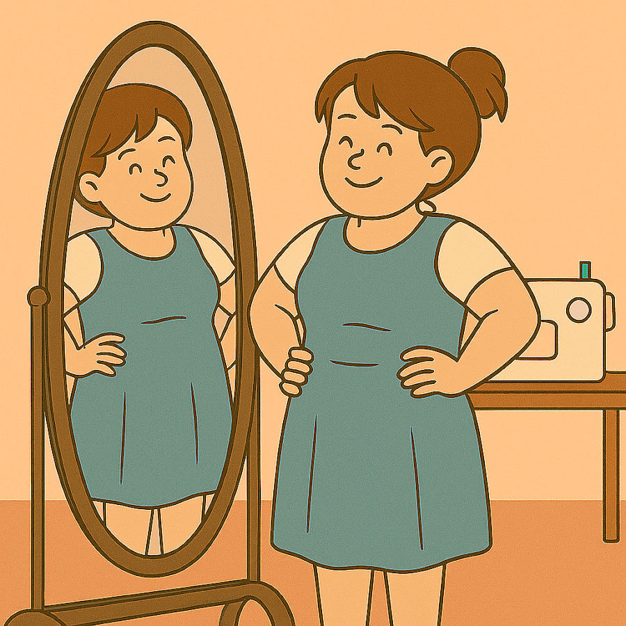 cartoon image of a woman looking in the mirror and being happy with the way she looks a sewing machine in the background