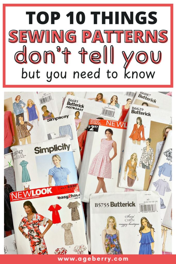 Flat lay photo of sewing pattern envelopes from Butterick, Simplicity, and New Look, with bold text overlay reading “Top 10 Things Sewing Patterns Don’t Tell You but You Need to Know.”
