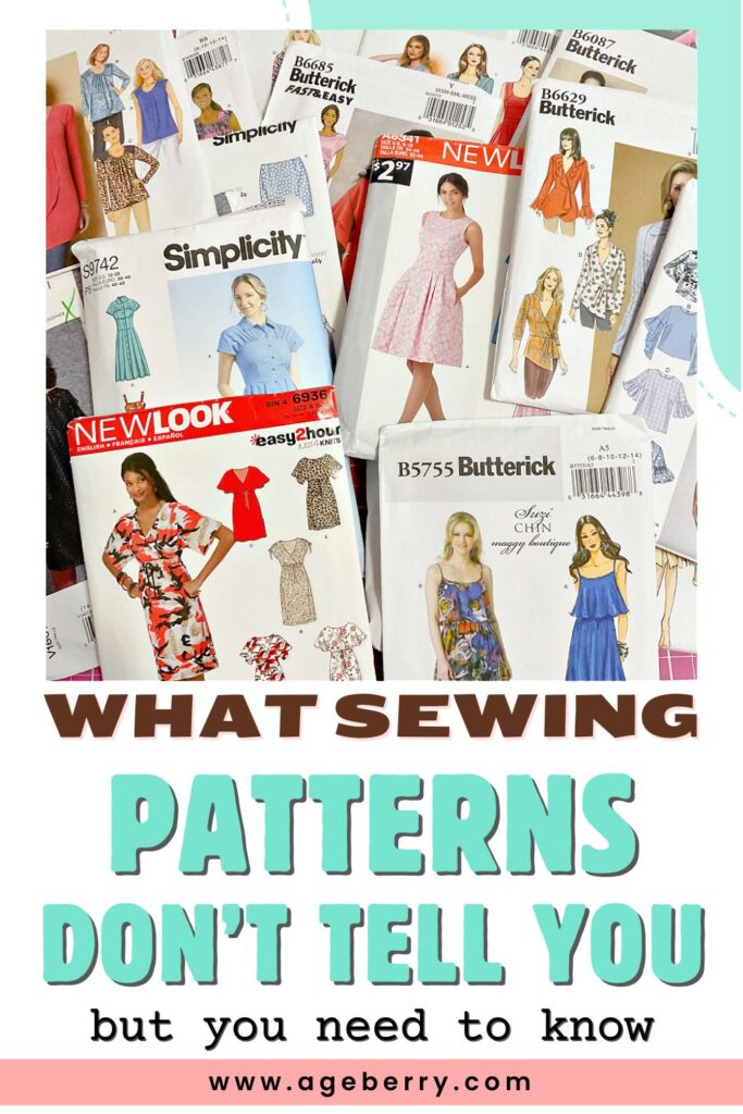 Image of multiple sewing pattern envelopes from brands like Simplicity, New Look, and Butterick, with text overlay reading “What Sewing Patterns Don’t Tell You but You Need to Know.”