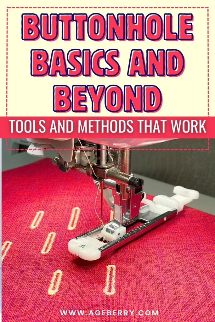 Close-up of a sewing machine stitching neat buttonholes on bright woven fabric, illustrating a sewing tutorial about tools and methods for making professional-looking buttonholes