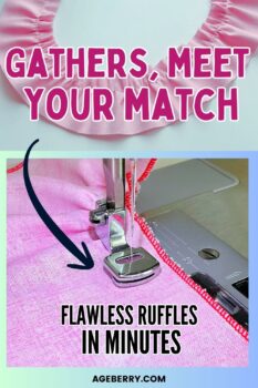 Sewing machine gathering foot creating pink ruffles, featured in a presser foot guide with sewing tips for faster, easier gathers