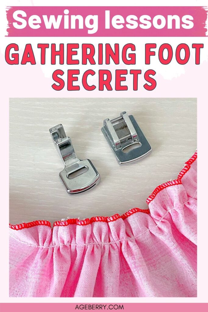 Close‑up of two sewing machine gathering presser feet and pink gathered fabric, used in a presser foot guide tutorial