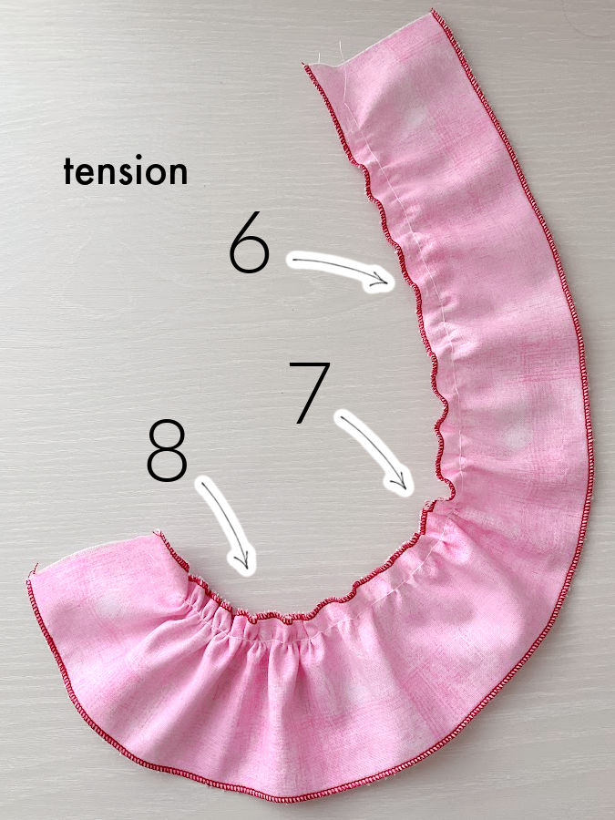 the result of in creasing tension when using the gathering foot the gathers are more dense with higher tension