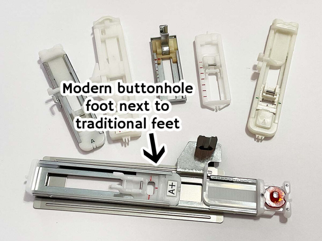 a collection of modern and vintage buttonhole feet presented together the text "modern buttonhole foot next to traditional feet" superimposed on the image