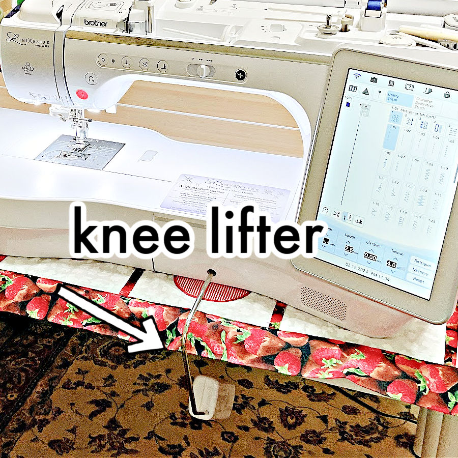 knee lifter tool shown on a Brother Luminaire sewing and embroidery machine