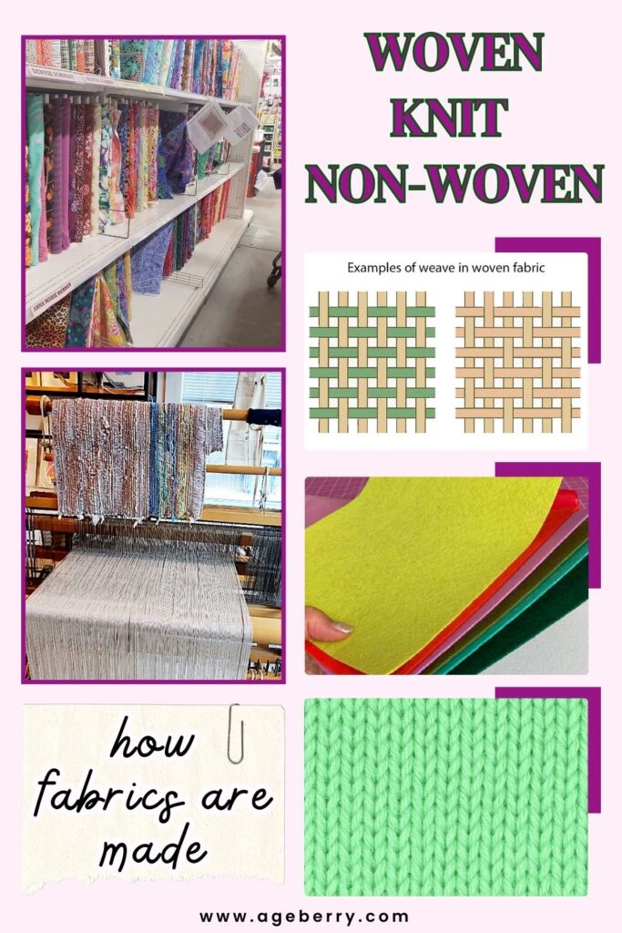 Types of material fabrics shown through woven fabric texture, knit loops, and non-woven felt examples, alongside handloom weaving and different fabrics. This image highlights how weaving patterns create different woven fabric textures and why knowing the difference between woven fabric, knits, and non-woven is essential for sewing skills and for anyone who loves sewing.