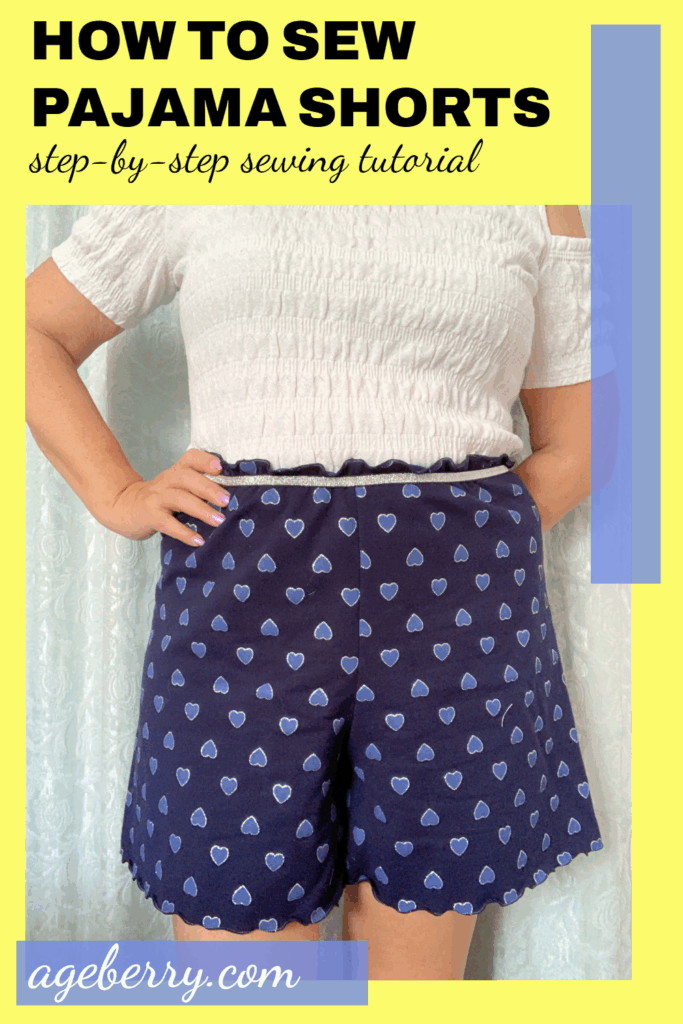 Step-by-step tutorial on how to sew pajama shorts. Image shows a woman wearing handmade navy cotton knit pajama shorts with a silver elastic waistband and scalloped lettuce hem. Text overlay reads “How to Sew Pajama Shorts – step-by-step sewing tutorial.”