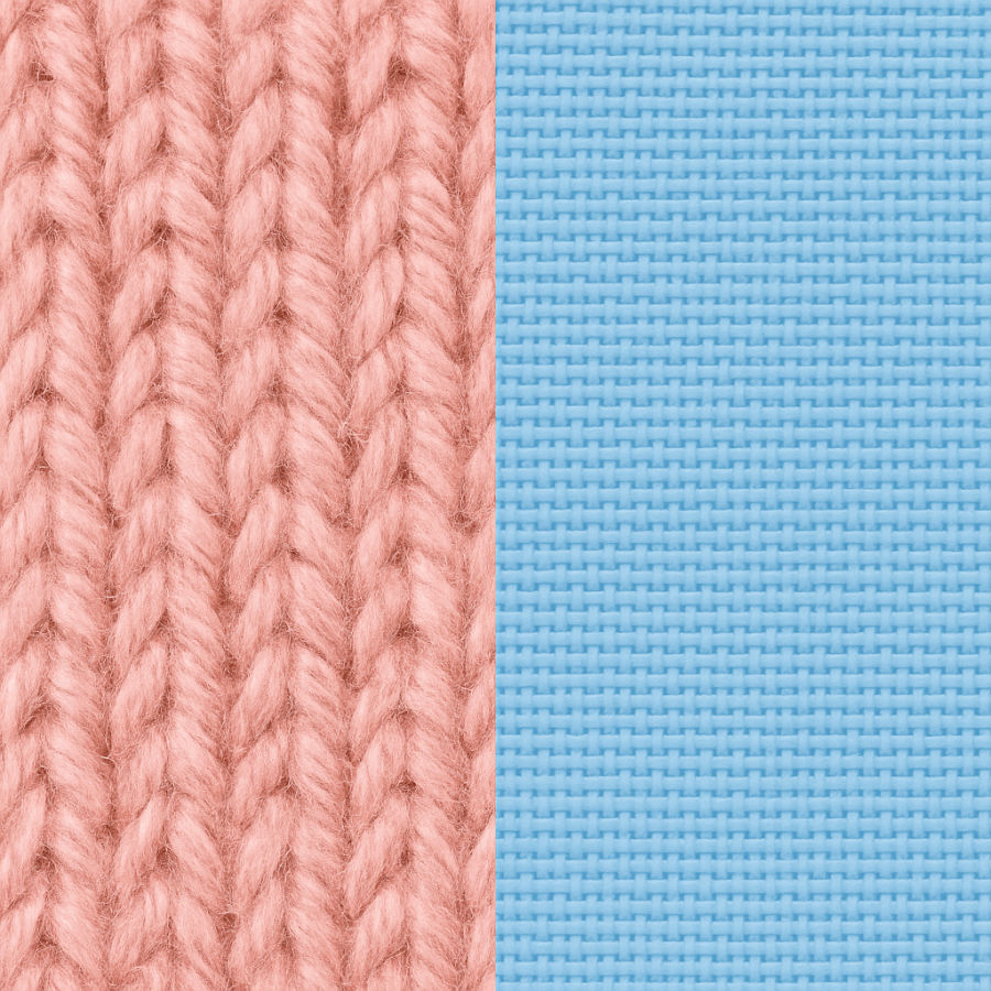 a magnified image of a piece of knit fabric presented side by side with a magnified image of a woven material