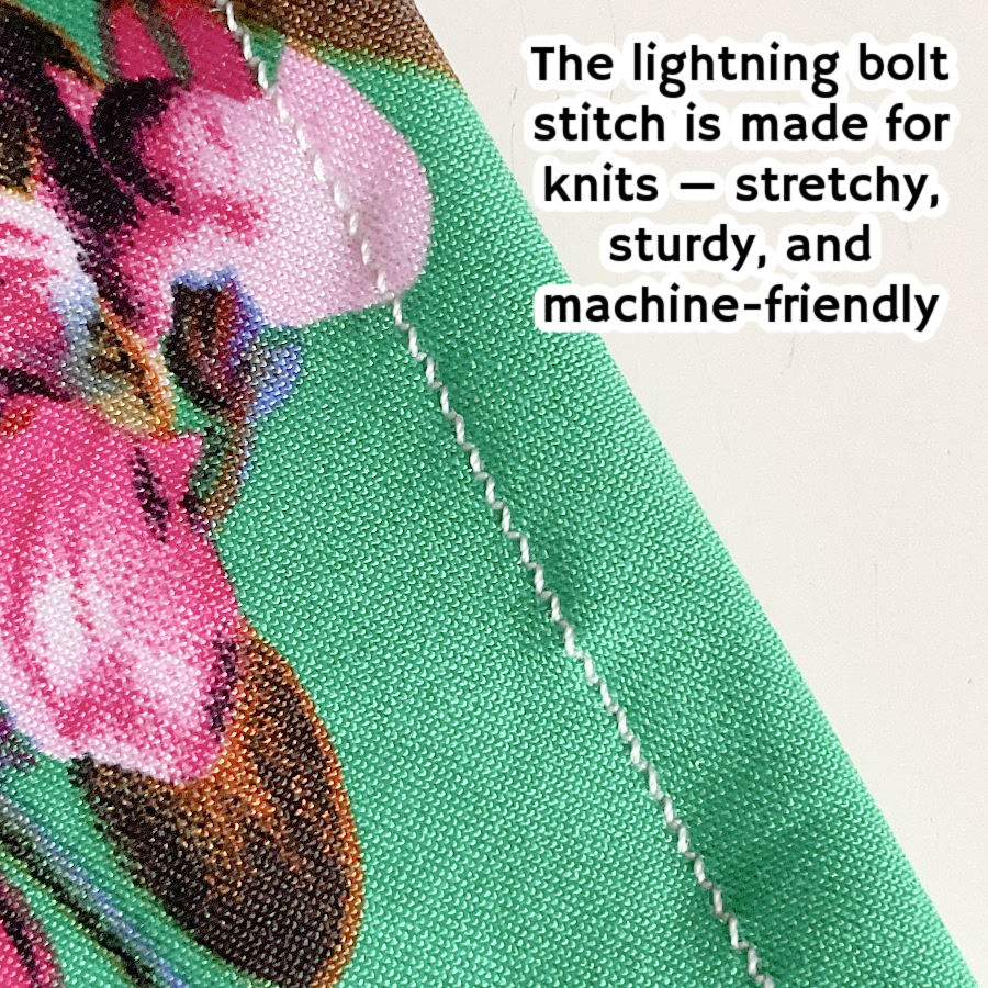 a close up of a stitch on a piece of material the text "the lightning bolt stitch is made for knits stretchy sturdy and machine friendly" superimposed on the image
