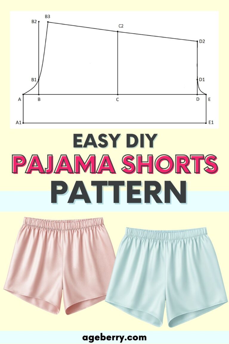 Easy pajama shorts sewing pattern illustration. The top half shows a technical draft with letters and measurements, while the bottom half shows two finished pairs of pajama shorts in pink and light blue silk with elastic waistbands. Text overlay says “Easy DIY Pajama Shorts Pattern.”