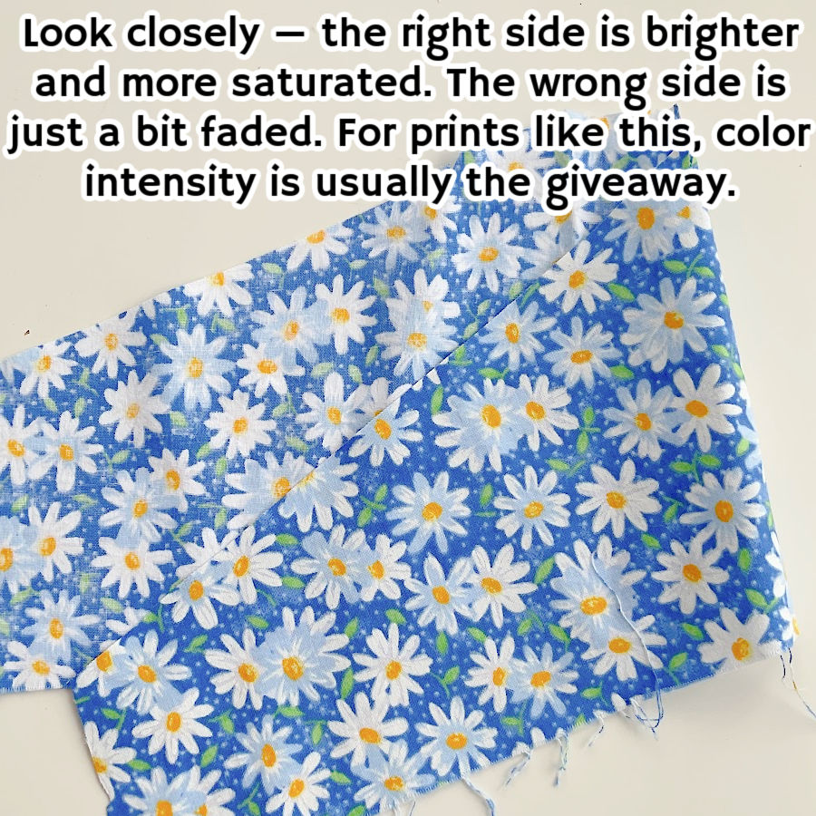 a close up of a piece of material showing both the right side and the wrong side the text "look closely the right side is brighter and more saturated the wrong side is just a bit faded for prints like this color intensity is usually the giveaway"