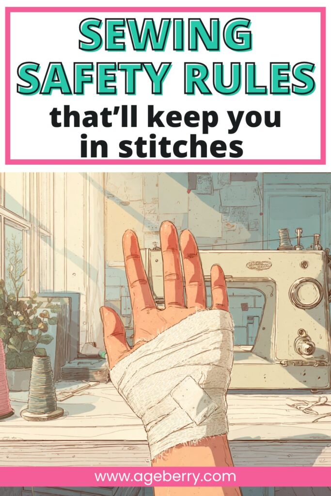 Illustrated image of a hand wrapped in a bandage held up in front of a vintage sewing machine. The sewing table includes thread spools and tools in a bright sewing room. Top text reads: "Sewing safety rules that'll keep you in stitches" with ageberry.com displayed in a pink banner at the bottom