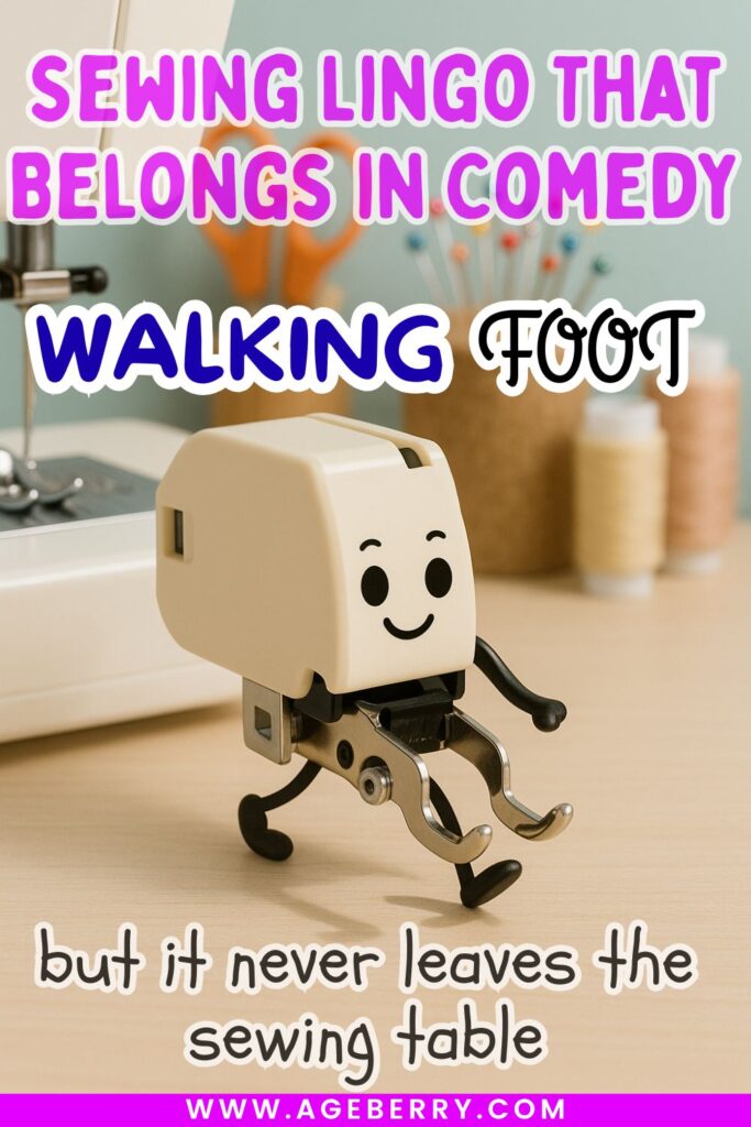Cartoon-style walking foot attachment with a smiling face sitting on a sewing table, with bold text saying “Sewing Lingo That Belongs in Comedy — Walking Foot” and a funny caption “but it never leaves the sewing table.”