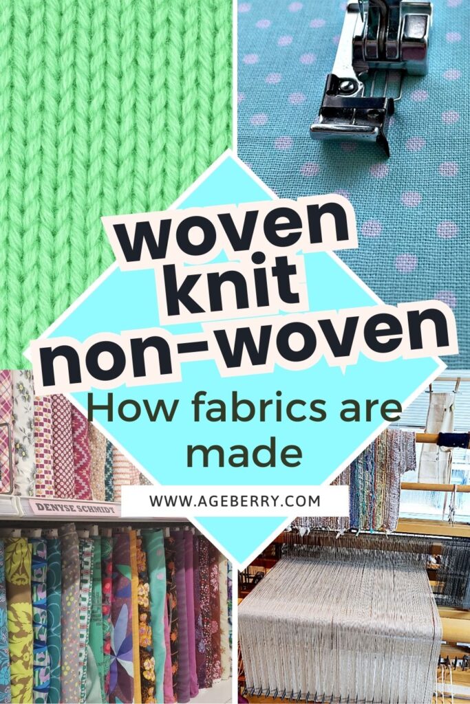 Woven fabric, knits, and non-woven fabrics explained in detail with clear fabric textures, examples of handloom weaving, fiber texture close-ups, and weaving patterns. This visual shows different fabrics and woven fabric texture to help improve sewing skills for anyone who loves sewing and wants to better understand types of material fabrics.