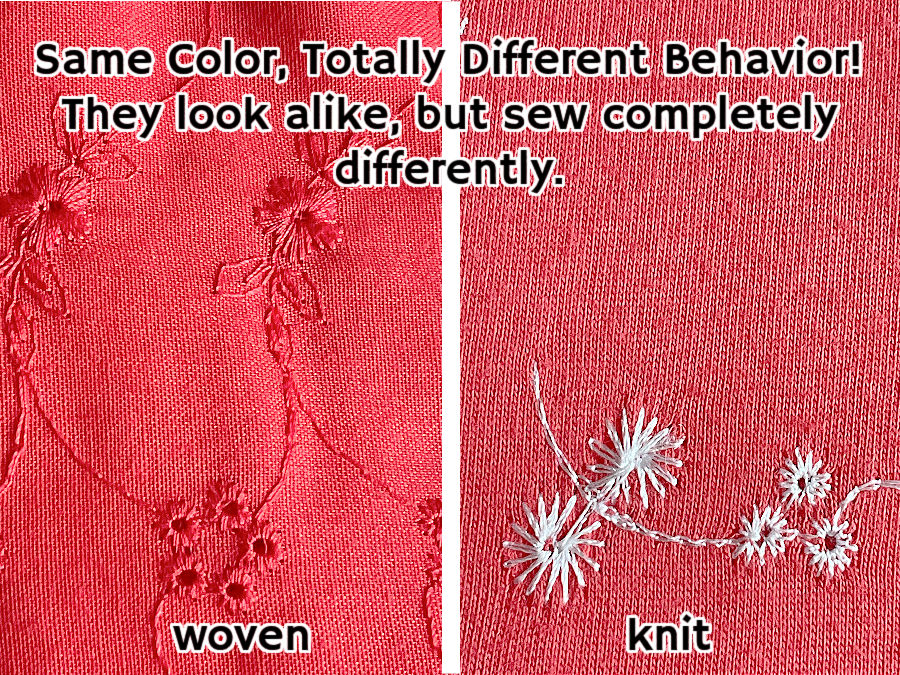 a close up of two pieces of fabric embroidered with the same design one woven one knit to show the difference in the way material behaves