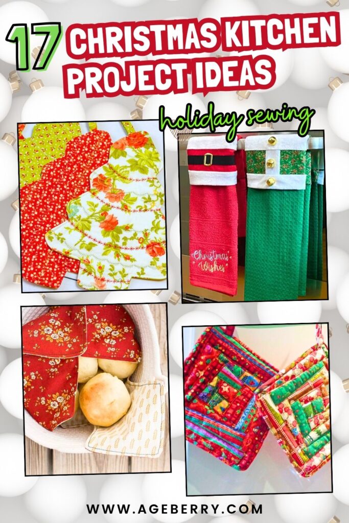 Collage of colorful Christmas-themed kitchen sewing projects including tree-shaped placemats in red and green prints, Santa and elf hanging kitchen towels, a fabric bread warmer basket with festive lining, and quilted potholders in holiday fabrics.