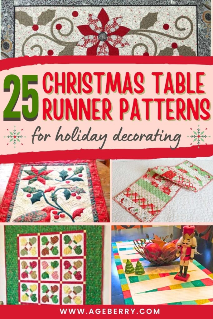 Collage of colorful quilted Christmas table runners in red, green, and cream fabrics, featuring poinsettia, holly, plaid, and geometric designs.