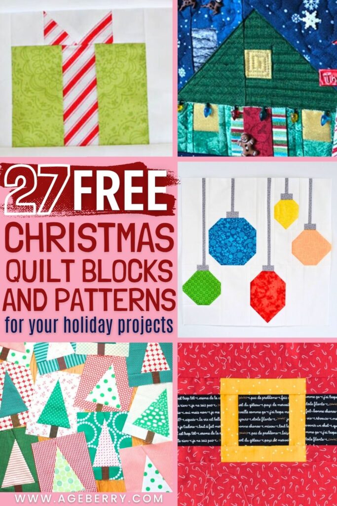 Collage of colorful Christmas quilt block designs, including wrapped presents, ornaments, Christmas trees, houses, and a Santa’s belt block.