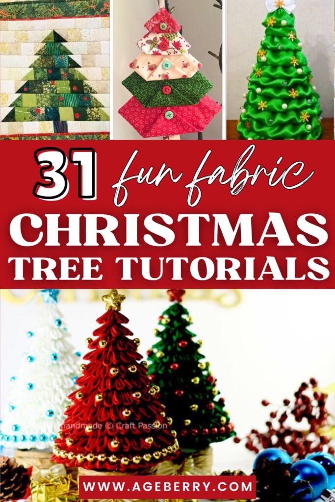 Collage of handmade fabric Christmas trees, including quilted, folded, and ruffled designs in red, green, and white fabrics, decorated with beads, buttons, and bows.