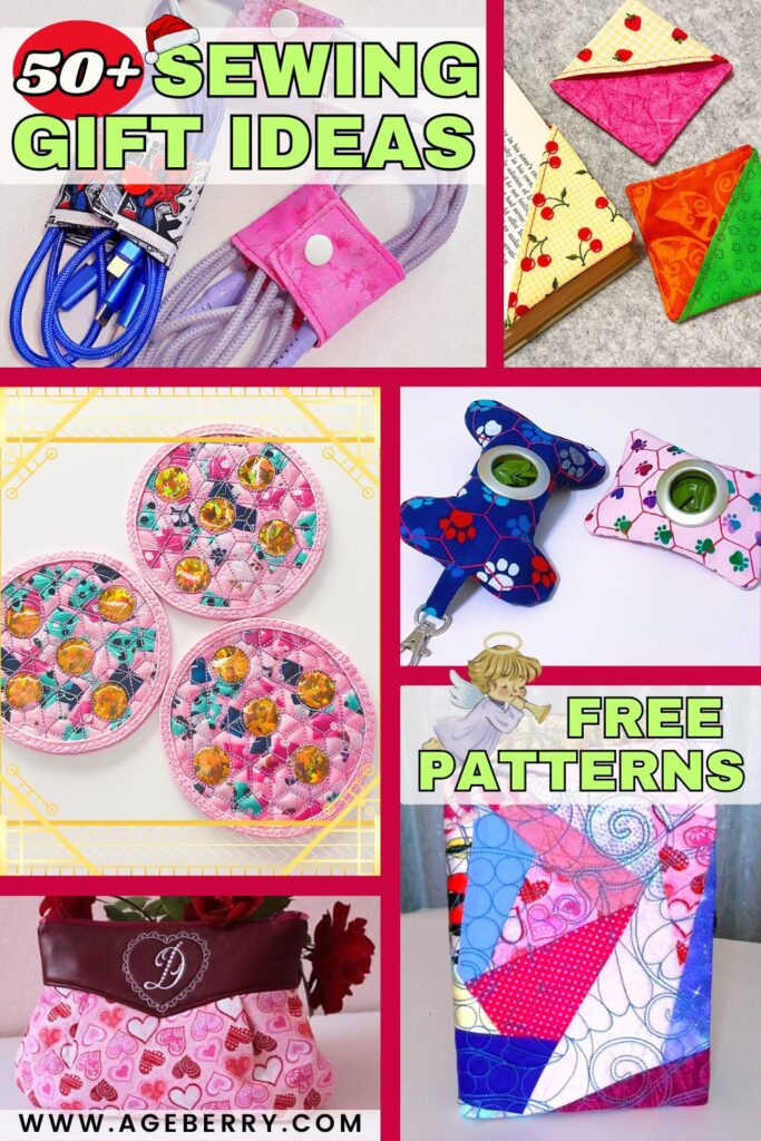 Collage of sewing gift ideas featuring handmade fabric projects including cord organizers, quilted coasters, fabric bookmarks, pet waste bag holders, a heart-print pouch, and a colorful patchwork needle book.