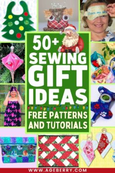 Collage of over 50 sewing gift ideas with free patterns and tutorials. Includes handmade projects such as a Christmas tree bib, fabric owl pincushion, embroidered sleep mask, unique fabric ornament, makeup bag, pet waste bag holders, quilted placemat, angel ornaments, fabric storage pods, and towel wrap cover-up with a matching hair drying shower cap.