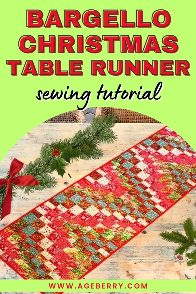 Bright and festive Bargello Christmas table runner in red, green, and gold patchwork design displayed on a rustic wooden table with holiday greenery and ribbon accents.