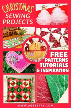 Collage of festive Christmas sewing projects featuring tulle Christmas trees, quilted table runners, red and white pinwheel quilt blocks, a gingerbread-style apron, pink felt heart ornament, quilted Christmas pillow, and a reversible red and green placemat.