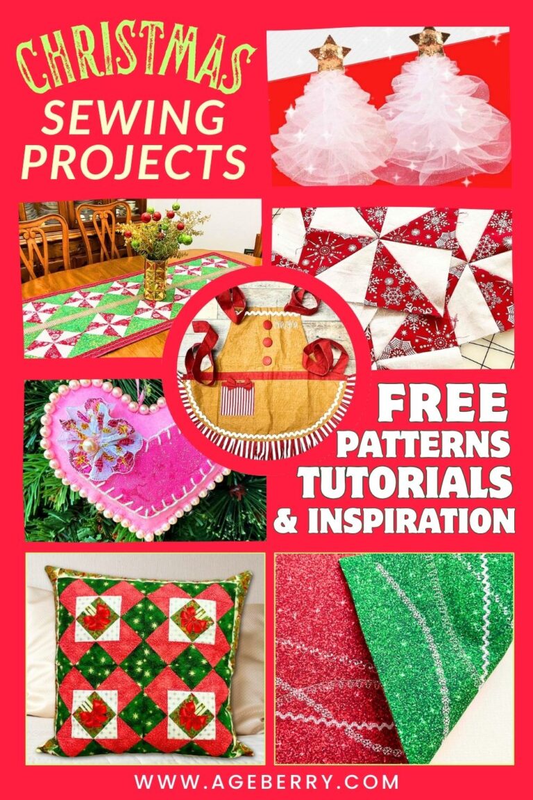 Collage of festive Christmas sewing projects featuring tulle Christmas trees, quilted table runners, red and white pinwheel quilt blocks, a gingerbread-style apron, pink felt heart ornament, quilted Christmas pillow, and a reversible red and green placemat.