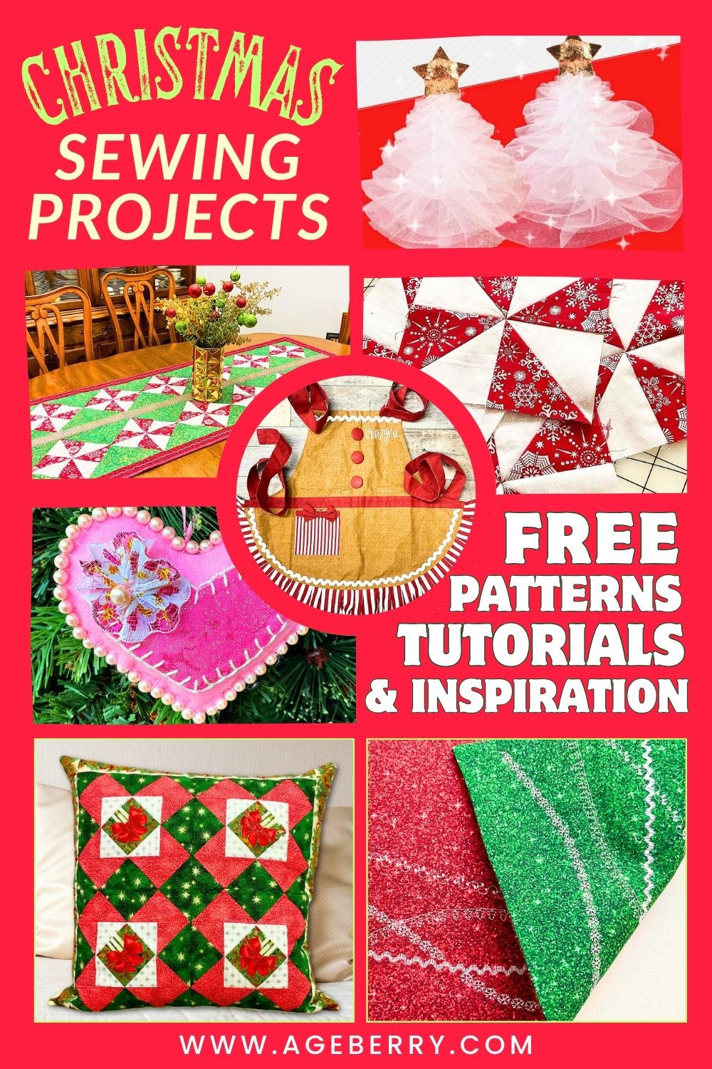 Collage of festive Christmas sewing projects featuring tulle Christmas trees, quilted table runners, red and white pinwheel quilt blocks, a gingerbread-style apron, pink felt heart ornament, quilted Christmas pillow, and a reversible red and green placemat.