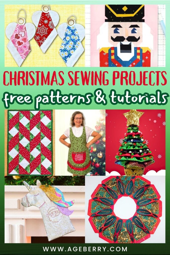Collage of handmade Christmas sewing projects, including fabric angel ornaments, a nutcracker quilt block, a red and green quilted table runner, a reversible Christmas apron, a yo-yo Christmas tree, a unicorn stocking, and a folded fabric wreath.