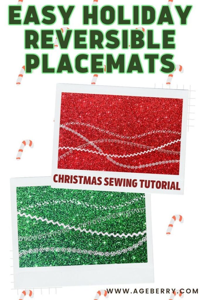 Two reversible holiday placemats in red and green glitter fabric with decorative stitching, shown side by side on a white background with candy cane background