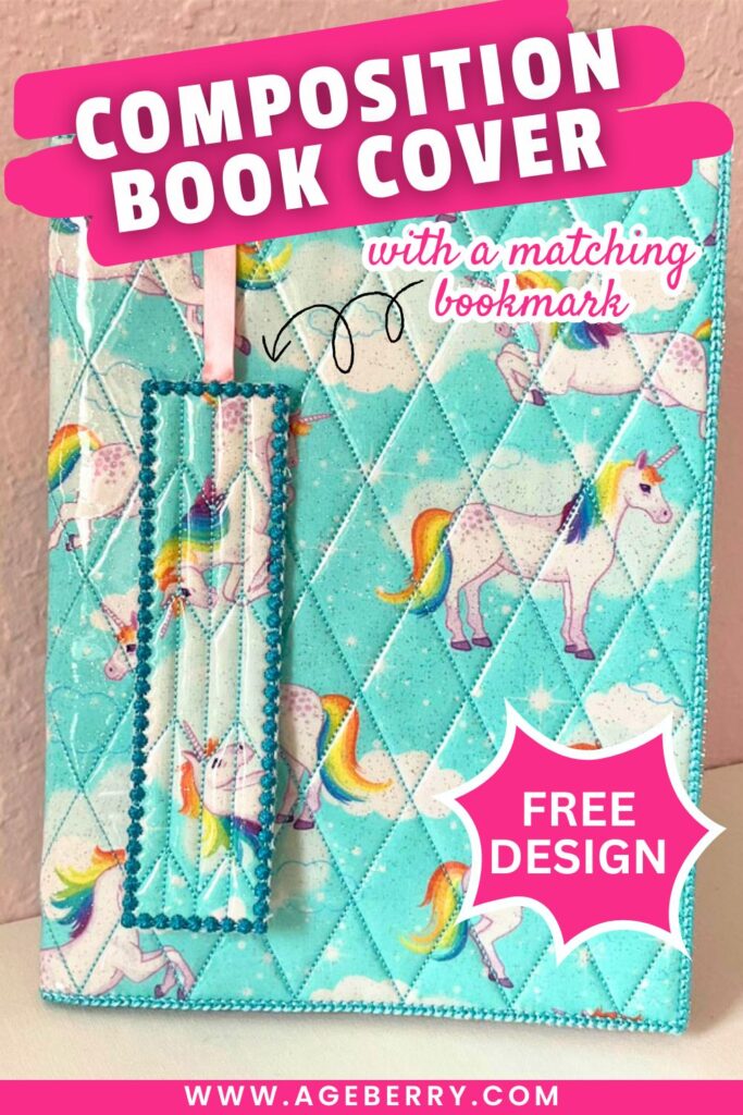 Quilted fabric composition book cover with matching bookmark, sewn from turquoise fabric decorated with colorful unicorns and clouds. The cover features diamond quilting and a fabric bookmark trimmed with blue stitching and a pink ribbon loop.