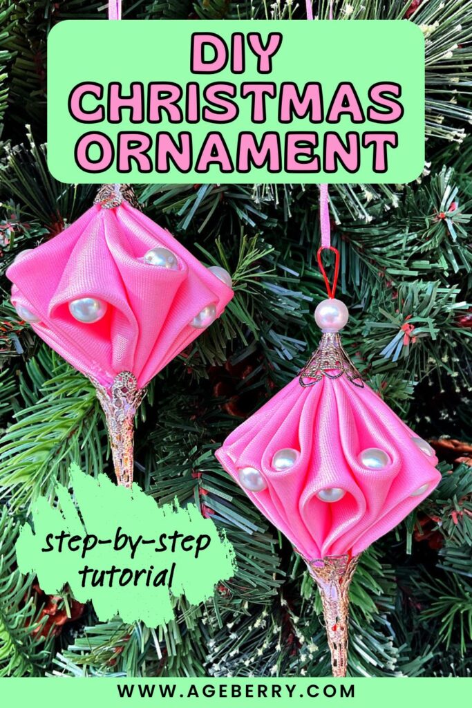Two handmade Christmas ornaments made of folded pink fabric, decorated with pearl beads and metallic caps, hanging on a green Christmas tree.