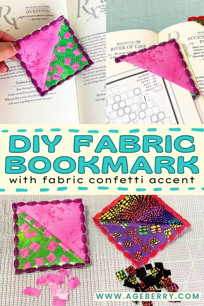 DIY fabric bookmarks with colorful fabric confetti accents, shown in pink, green, purple, and multicolor designs. The corner-style bookmarks are displayed on open books and a fabric background.