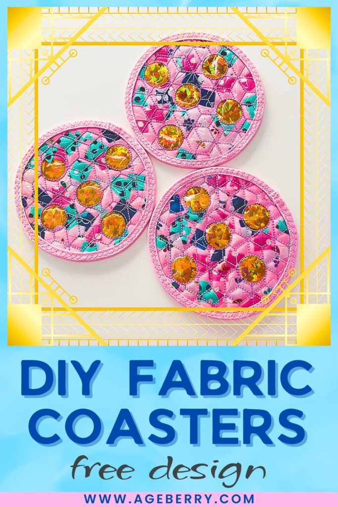 Three round quilted fabric coasters in bright pink with colorful patchwork and large yellow gem-like accents, arranged on a white background.