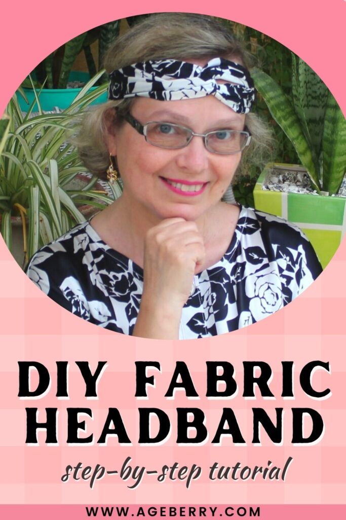Woman wearing a black-and-white patterned DIY fabric headband with a twisted knot design, matching her floral print top.
