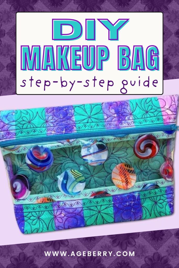 DIY makeup bag made with quilted teal and purple fabric, featuring a clear vinyl front printed with colorful marble designs.