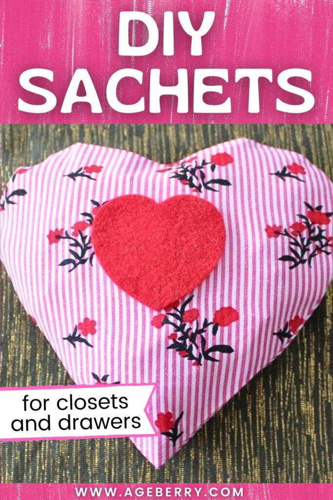 Heart-shaped DIY fabric sachet with pink and white stripes, small red floral prints, and a red felt heart in the center.