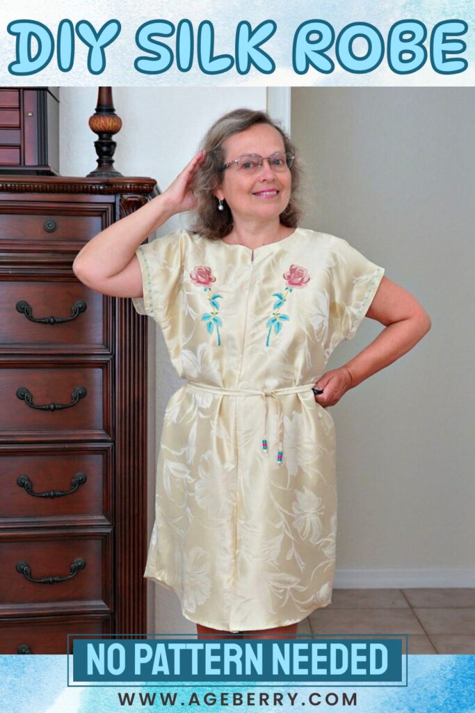 Woman modeling a DIY silk robe made from cream-colored floral silk fabric with embroidered roses on the chest and a simple tie belt.