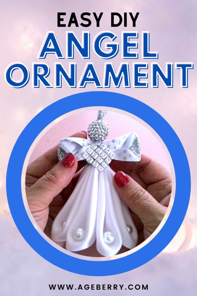 Handmade angel Christmas ornament crafted from white fabric with pearl accents and beads, held in hands with red glitter nail polish.