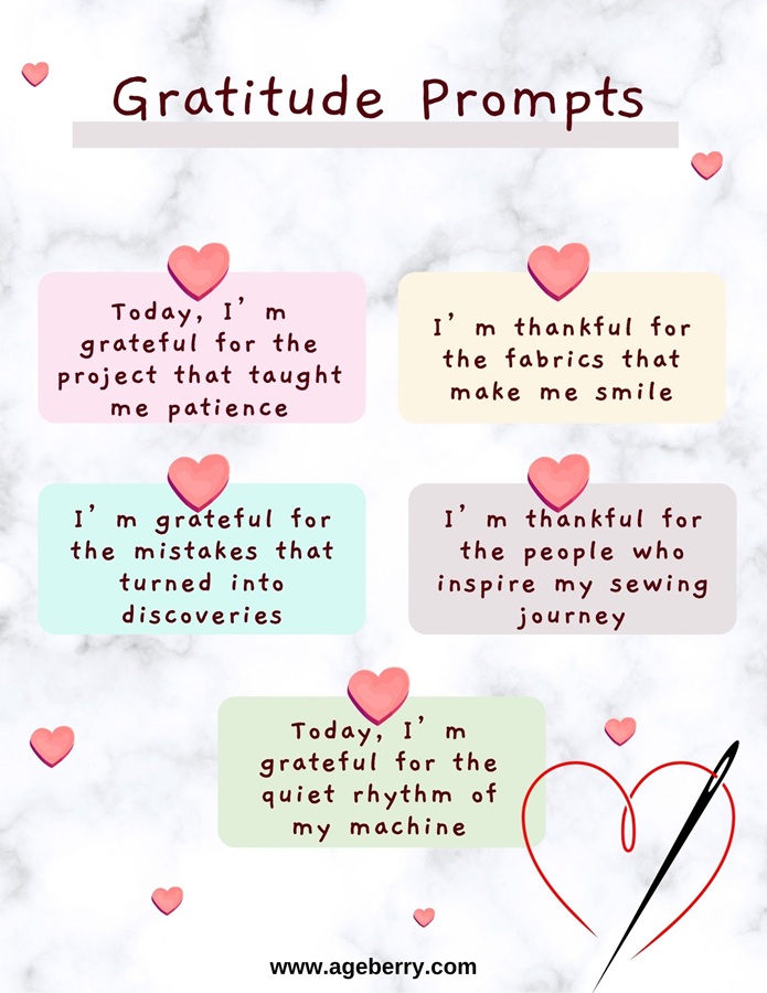 uplifting poster showing five reason for being grateful while sewing a project that taught patience the fabrics that make the sewist smile the mistakes that turned into discovery the people who inspired the sewist and the rhythm of the well working sewing machine