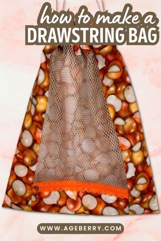 Handmade drawstring bag with onion-print fabric and a brown mesh front panel, finished with orange lace trim at the bottom.