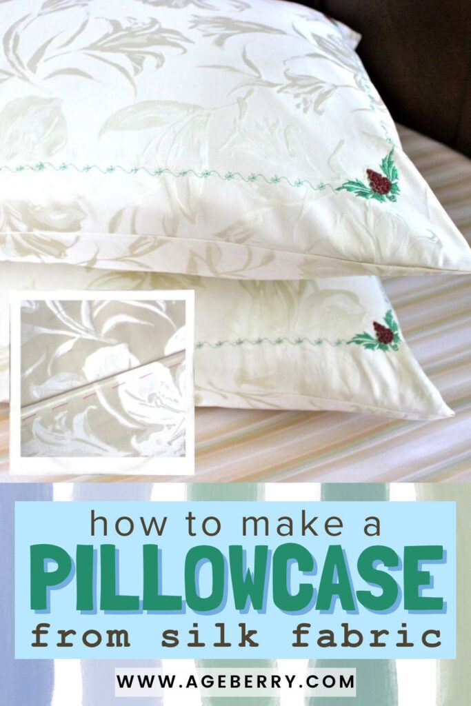 White silk pillowcase with subtle floral patterns, green decorative stitching, and small embroidered holly accents. Inset image highlights the inside construction with a neat French seam.